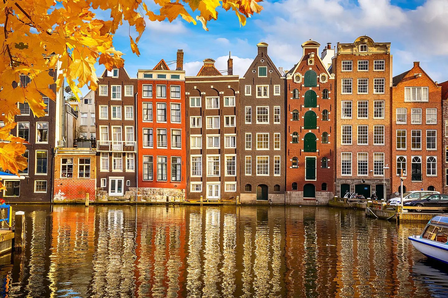 紅葉に包まれたアムステルダムの運河沿いの家並み / Amsterdam canal houses framed by autumn leaves